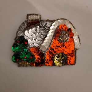 Vintage Handmade Sequin Beaded Christmas Cottage House Brooch Pin Retro
